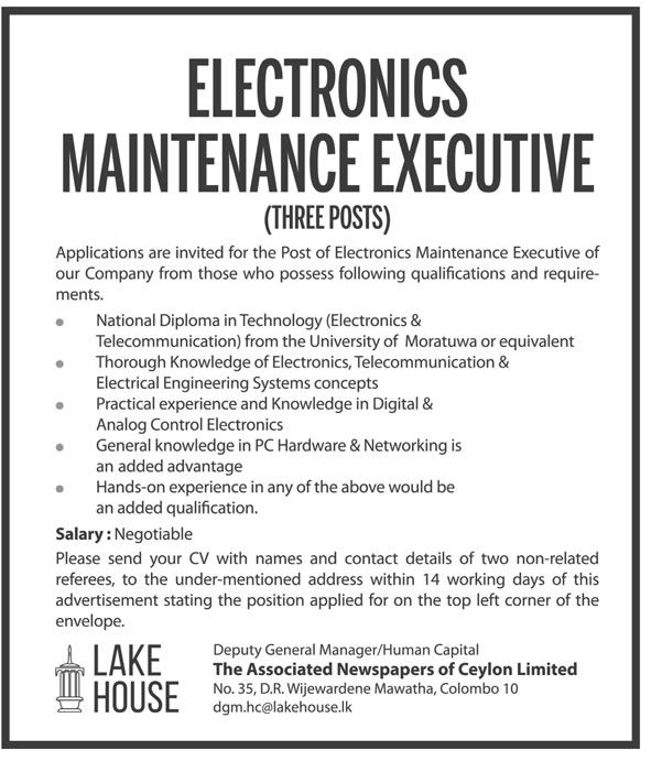 Electronics Maintenance Executive - The Associated Newspapers of Ceylon Limited